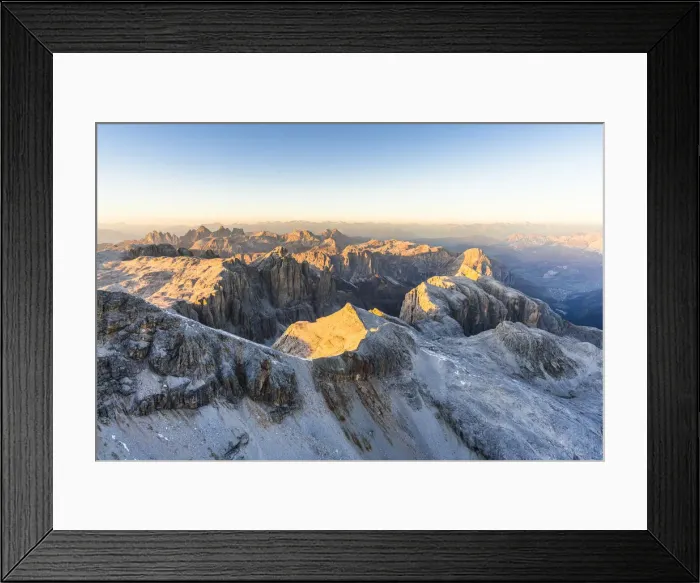 Framed Print : Aerial view of sunset over Sella Group and Odle mountain range in autumn, Val Gardena Framed Print : Aerial view of sunset over Sella Group and Odle mountain range in autumn, Val Gardena