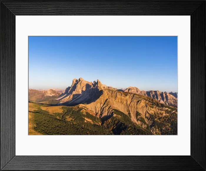 Framed Print : Aerial view of sunset over Seceda mountain in autumn, Cisles-Odle Nature Park, Dolomites Framed Print : Aerial view of sunset over Seceda mountain in autumn, Cisles-Odle Nature Park, Dolomites