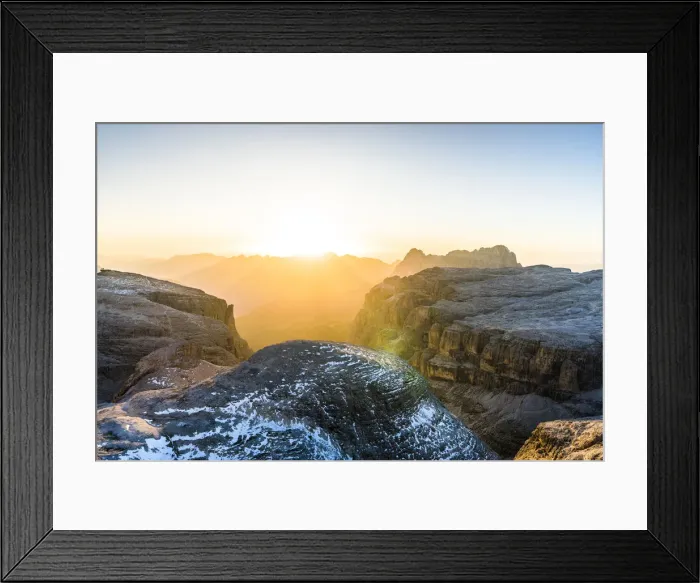 Framed Print : Aerial view of mist at sunset over Sella Group and Sass Pordoi in autumn, Val Gardena Framed Print : Aerial view of mist at sunset over Sella Group and Sass Pordoi in autumn, Val Gardena
