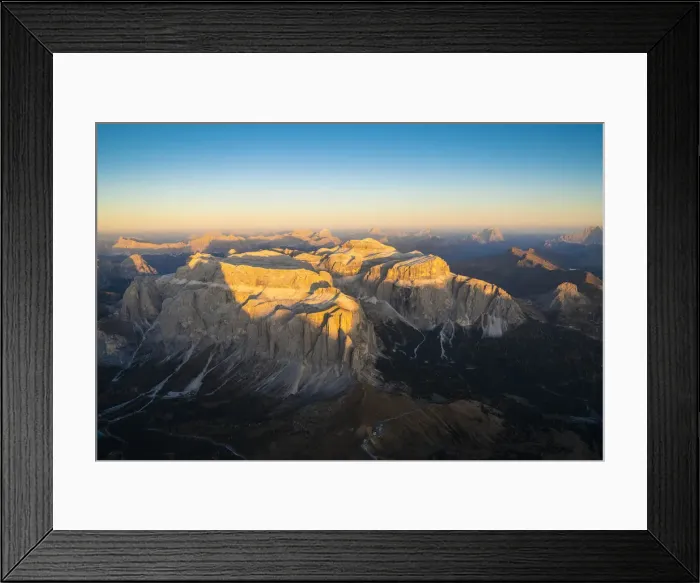 Framed Print : Aerial view of sunset over Sella Group and Sass Pordoi in autumn, Val Gardena Framed Print : Aerial view of sunset over Sella Group and Sass Pordoi in autumn, Val Gardena