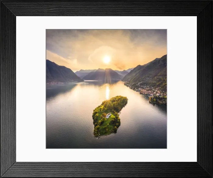 Framed Print : Aerial view of Comacina Island at sunset, Lake Como, Lombardy, Italian Lakes, Italy Framed Print : Aerial view of Comacina Island at sunset, Lake Como, Lombardy, Italian Lakes, Italy