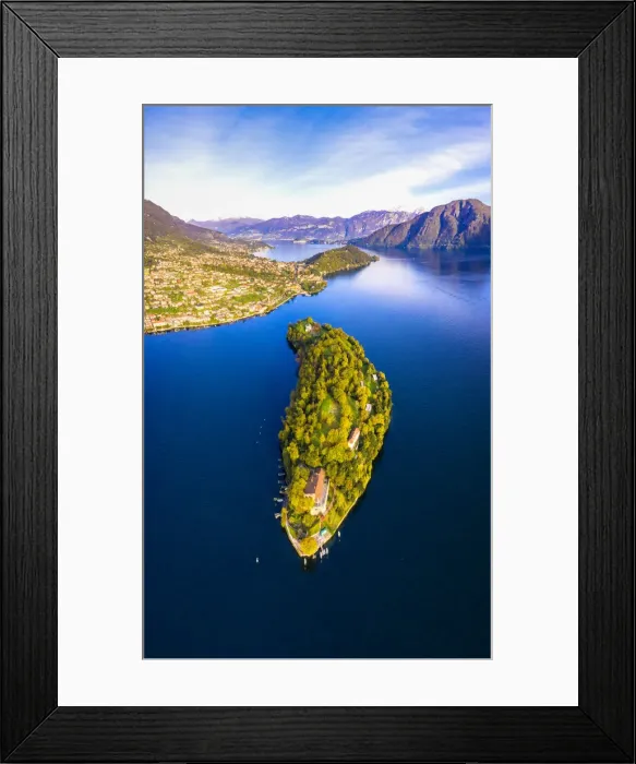 Framed Print : Aerial view of Comacina Island in autumn, Lake Como, Lombardy, Italian Lakes, Italy
