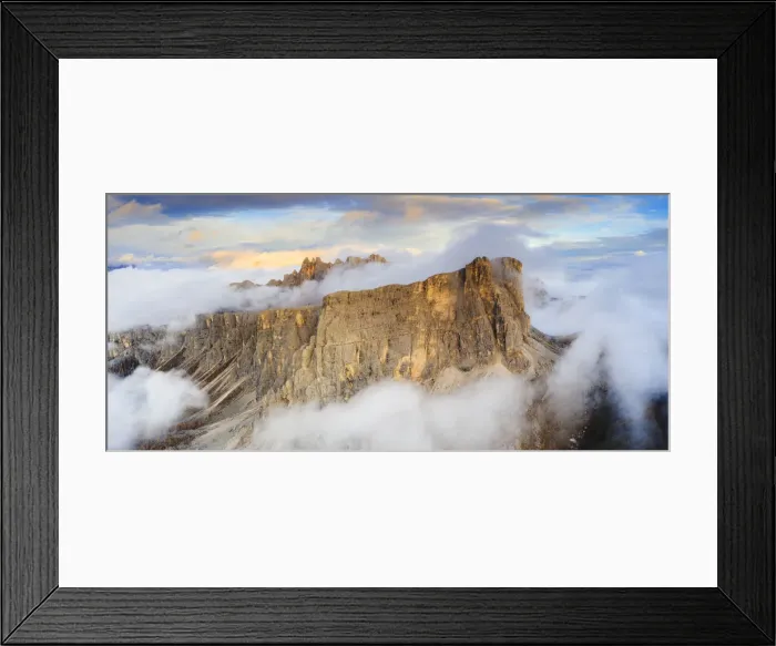 Framed Print : Aerial view by drone of sunset over Lastoi De Formin and Cima Ambrizzola in a sea of Framed Print : Aerial view by drone of sunset over Lastoi De Formin and Cima Ambrizzola in a sea of