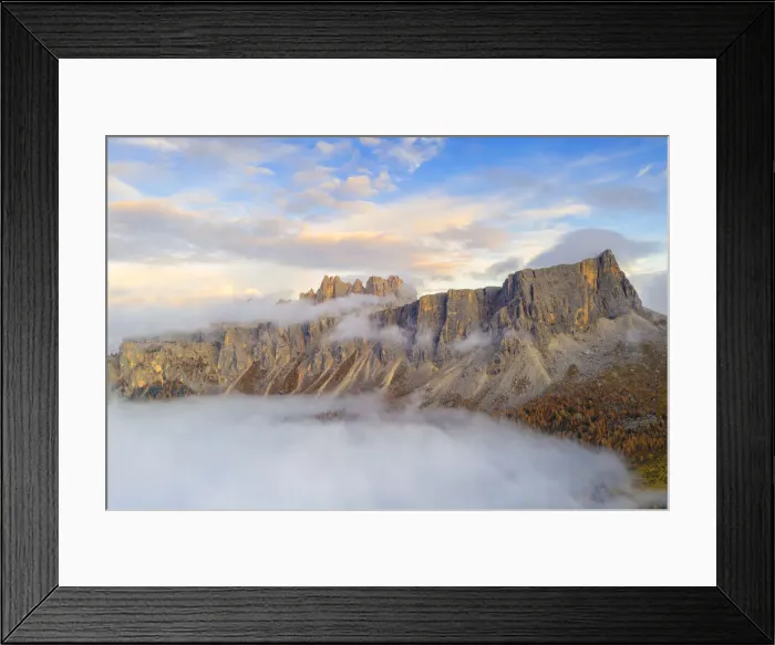 Framed Print : Aerial view by drone of mist at sunset over Lastoi De Formin Framed Print : Aerial view by drone of mist at sunset over Lastoi De Formin