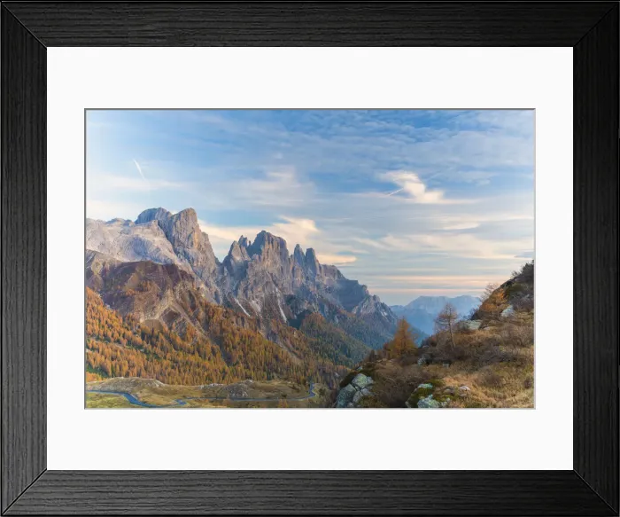 Framed Print : Woods in autumn with Pala di San Martino and Cima Della Rosetta in background Framed Print : Woods in autumn with Pala di San Martino and Cima Della Rosetta in background