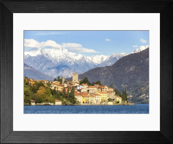 Framed Print : Village of Rezzonico with snowcapped mountains in the background, Lake Como, Lombardy Framed Print : Village of Rezzonico with snowcapped mountains in the background, Lake Como, Lombardy