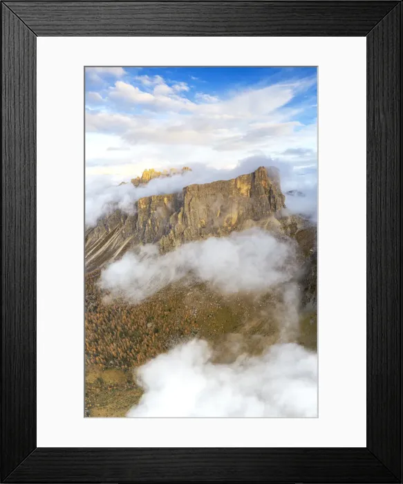 Framed Print : Aerial panoramic by drone of Lastoi De Formin and Cima Ambrizzola at sunset in autumn Framed Print : Aerial panoramic by drone of Lastoi De Formin and Cima Ambrizzola at sunset in autumn