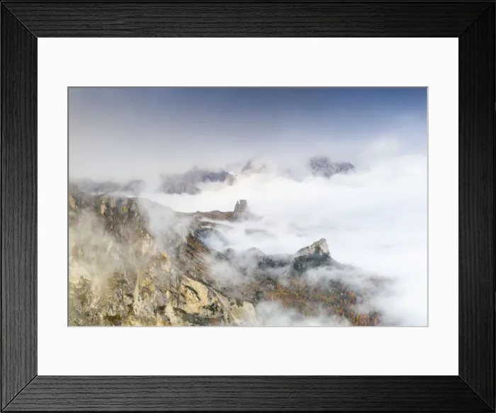 Framed Print : Aerial view of autumn mist over the trees and woods surrounding Cinque Torri and Tofane Framed Print : Aerial view of autumn mist over the trees and woods surrounding Cinque Torri and Tofane