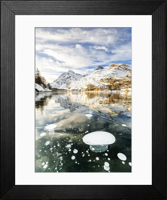 Framed Print : Methane bubbles in the icy surface of Silsersee with snowy peak, Lake Sils Framed Print : Methane bubbles in the icy surface of Silsersee with snowy peak, Lake Sils