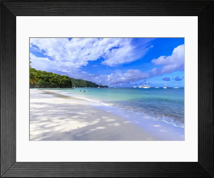 Framed Print : Quiet Caribbean, family play in turquoise sea, white sand beach, beautiful Port Elizabeth Framed Print : Quiet Caribbean, family play in turquoise sea, white sand beach, beautiful Port Elizabeth