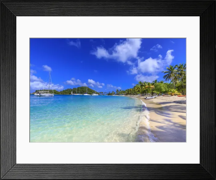Framed Print : Saltwhistle Bay, white sand beach, turquoise sea, yachts, palm trees, Mayreau, Grenadines Framed Print : Saltwhistle Bay, white sand beach, turquoise sea, yachts, palm trees, Mayreau, Grenadines