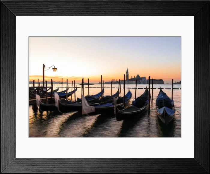 Framed Print : Beautiful Venetian sunrise in winter, gondolas, San Giorgio Maggiore and Lido, Venice Framed Print : Beautiful Venetian sunrise in winter, gondolas, San Giorgio Maggiore and Lido, Venice