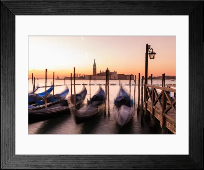 Framed Print : Beautiful Venetian sunrise in winter, gondolas, San Giorgio Maggiore and Lido, Venice Framed Print : Beautiful Venetian sunrise in winter, gondolas, San Giorgio Maggiore and Lido, Venice