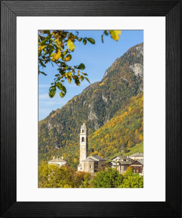 Framed Print : Old bell tower and church in the autumnal landscape, Soglio, Val Bregaglia Framed Print : Old bell tower and church in the autumnal landscape, Soglio, Val Bregaglia