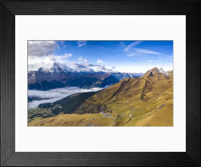 Framed Print : Aerial panoramic of Eiger and sea of clouds surrounding First and Grindelwald in autumn Framed Print : Aerial panoramic of Eiger and sea of clouds surrounding First and Grindelwald in autumn