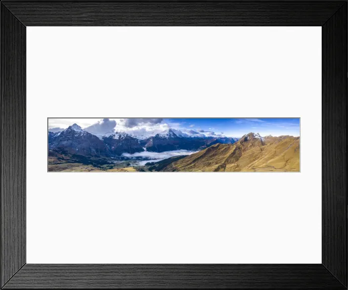 Framed Print : Aerial panoramic of Eiger and Schreckhorn in autumn from First and Grindelwald Framed Print : Aerial panoramic of Eiger and Schreckhorn in autumn from First and Grindelwald