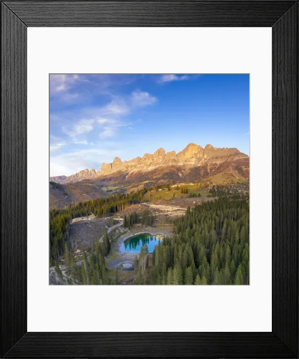Framed Print : Aerial view of deforestation surrounding Carezza Lake after the violent Vaia storm Framed Print : Aerial view of deforestation surrounding Carezza Lake after the violent Vaia storm