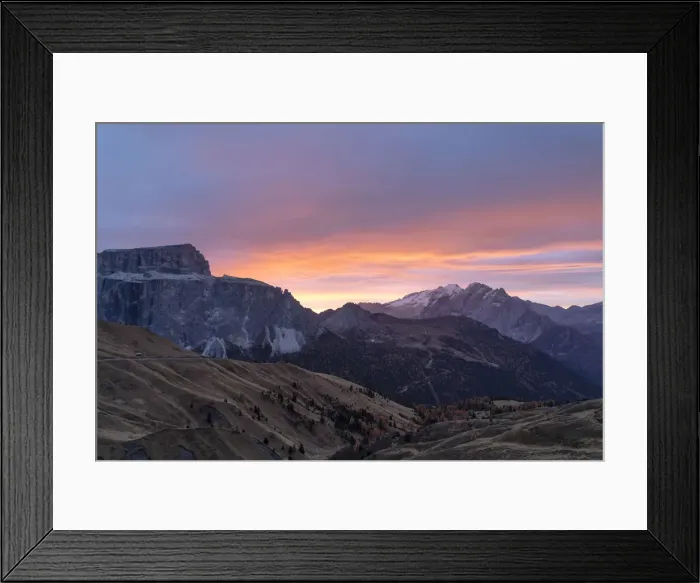 Framed Print : Autumn sunrise over Marmolada and Sass Pordoi from Passo Sella, Val Gardena, Dolomites Framed Print : Autumn sunrise over Marmolada and Sass Pordoi from Passo Sella, Val Gardena, Dolomites