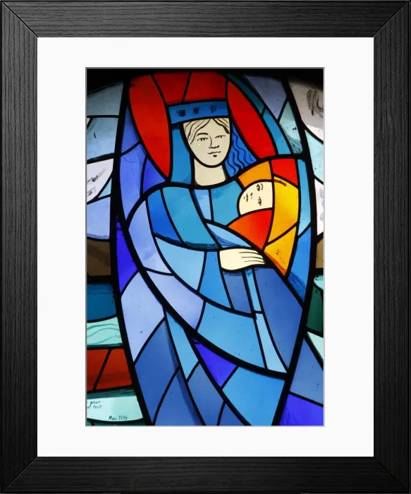 Framed Print : Stained glass depicting the Virgin and Child, Yvoire, Haute Savoie, France, Europe Framed Print : Stained glass depicting the Virgin and Child, Yvoire, Haute Savoie, France, Europe