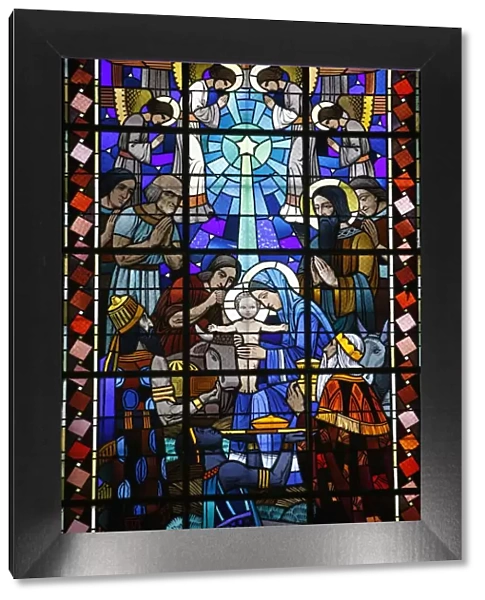 Stained glass of Nativity in Notre Dame du Rosaire Catholic church, Saint-Ouen