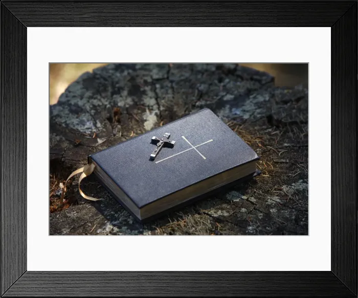 Framed Print : Bible on tree bark, Megeve, Haute Savoie, France, Europe Framed Print : Bible on tree bark, Megeve, Haute Savoie, France, Europe