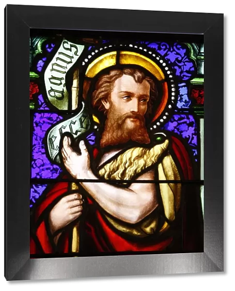 Stained glass of St. John the Baptist, in St. Pauls church, Lyon, Rhone, France