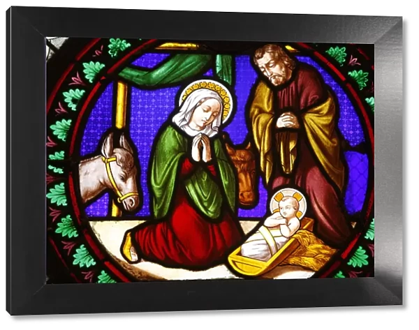 Stained glass of the Nativity in Ainay Basilica, Lyon, Rhone, France, Europe