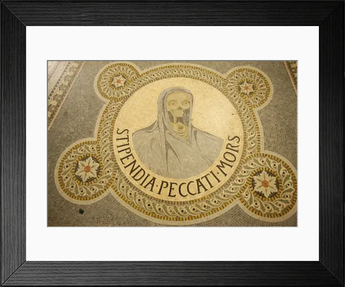 Framed Print : Mosaic of skull depicting Stipendium peccati mors (the wages of sin is death Framed Print : Mosaic of skull depicting Stipendium peccati mors (the wages of sin is death