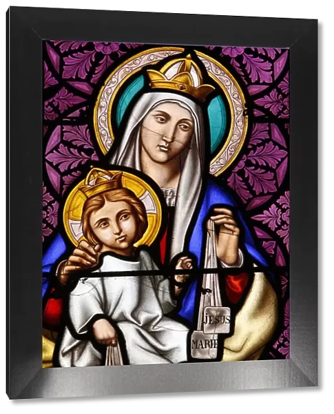 Virgin and Child on Mount Carmel, stained glass in Pont L Abbe church