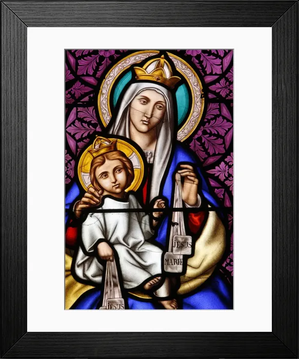 Framed Print : Virgin and Child on Mount Carmel, stained glass in Pont L Abbe church Framed Print : Virgin and Child on Mount Carmel, stained glass in Pont L Abbe church