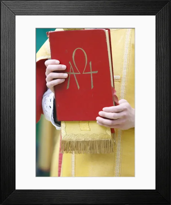 Framed Print : New Testament in Latin at a traditionalist Catholic pilgrimage, Villepreux, Yvelines Framed Print : New Testament in Latin at a traditionalist Catholic pilgrimage, Villepreux, Yvelines