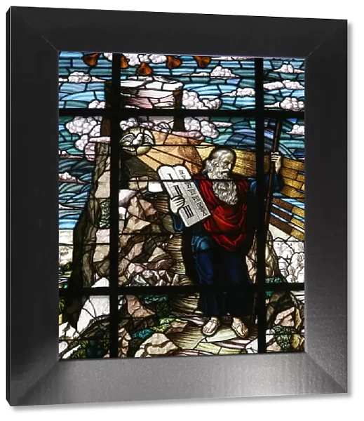 Stained glass of Moses holding the tablets of the Law, Vienna, Austria, Europe