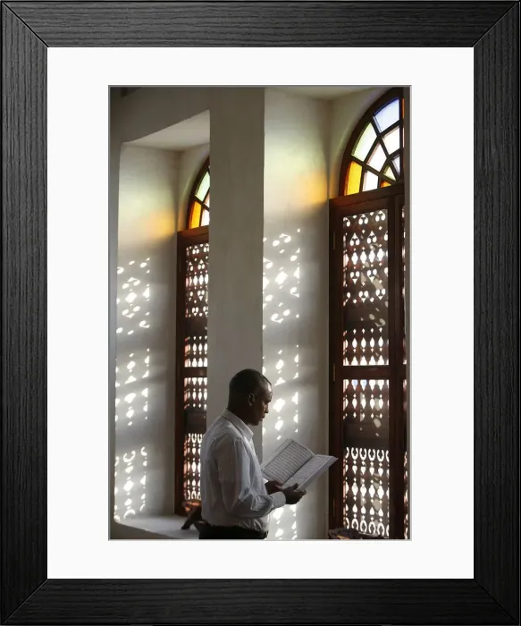 Framed Print : Man reading Koran in a Doha mosque, Doha, Qatar, Middle East Framed Print : Man reading Koran in a Doha mosque, Doha, Qatar, Middle East