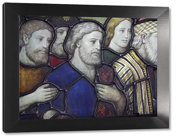 Stained glass window of pilgrims, London, England, United Kingdom, Europe