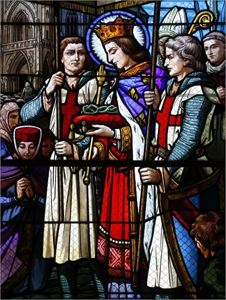 Stained glass window of St. Louis holding the crown of thorns, St
