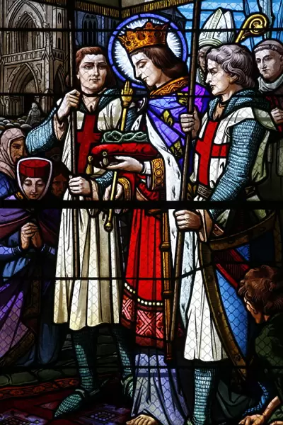 Stained glass window of St. Louis holding the crown of thorns, St