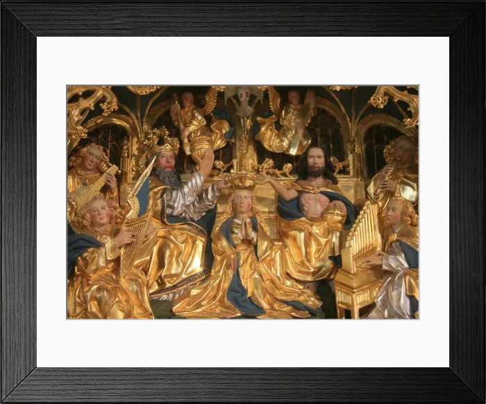 Framed Print : Golden oak retable showing Marys coronation, dating from the 16th century Framed Print : Golden oak retable showing Marys coronation, dating from the 16th century