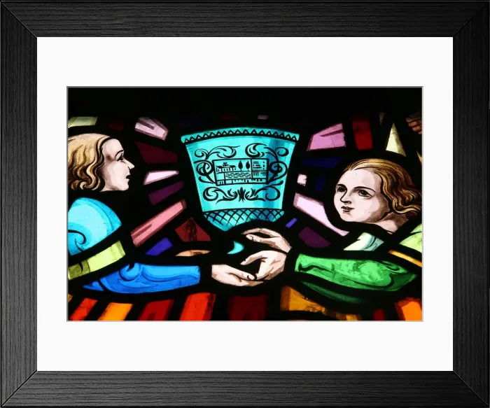 Framed Print : Stained glass window showing the Romance of St. Graal, Threhorenteuc, Morbihan, Brittany Framed Print : Stained glass window showing the Romance of St. Graal, Threhorenteuc, Morbihan, Brittany