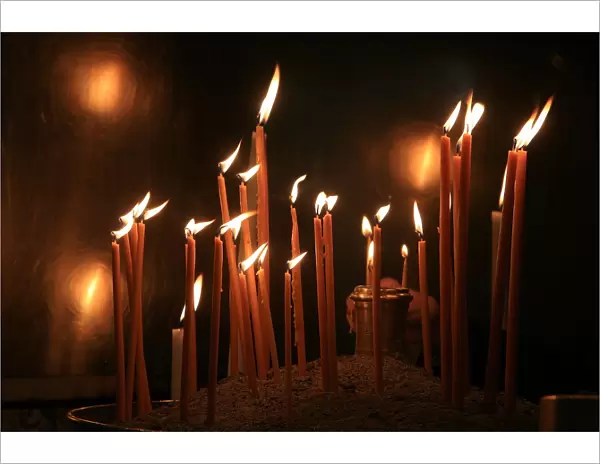 Candles in a Greek Orthodox church, Thessaloniki, Macedonia, Greece, Europe