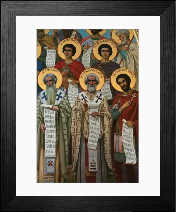 Framed Print : A fresco in Aghios Andreas monastery showing founding fathers of Christianity Framed Print : A fresco in Aghios Andreas monastery showing founding fathers of Christianity