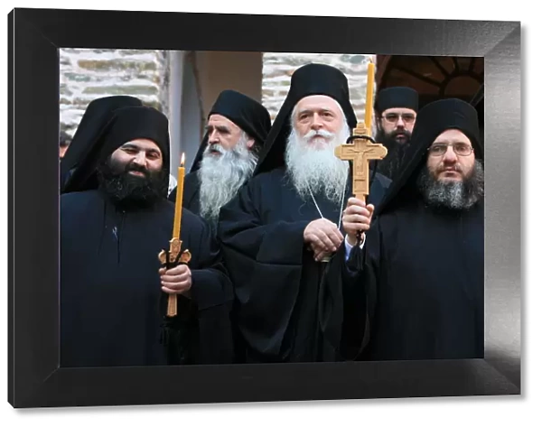 Monks at Koutloumoussiou monastery on Mount Athos, Greece, Europe