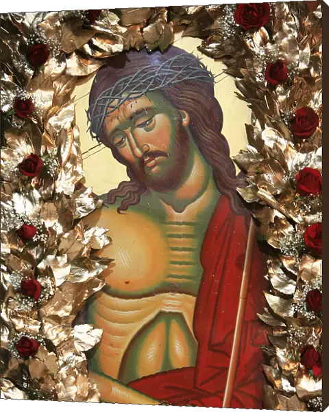Detail of icon of Christ displayed during Easter week in a Greek Orthodox church
