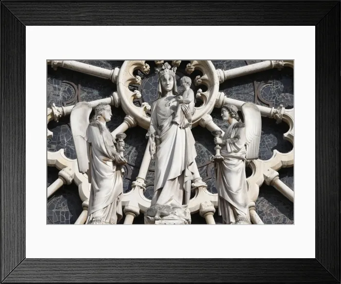 Framed Print : Crowned Virgin and child flanked by two angels, in front of the Rose window Framed Print : Crowned Virgin and child flanked by two angels, in front of the Rose window
