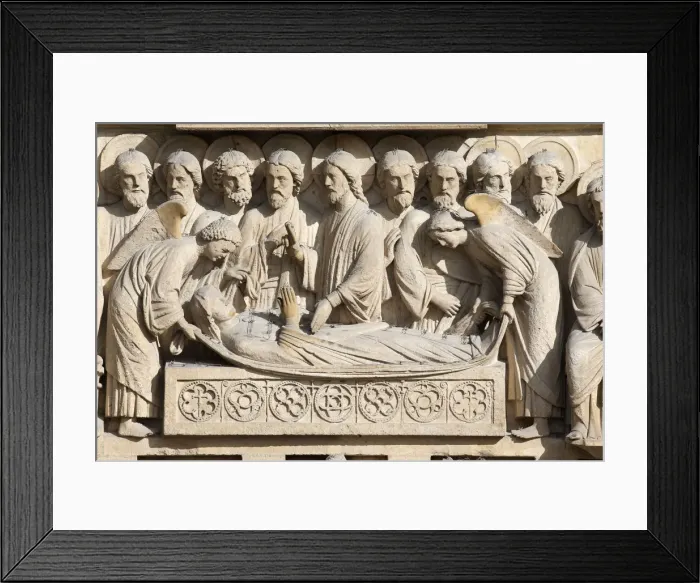 Framed Print : Entombment, upper lintel, Virgin portal, Western facade, Notre Dame de Paris Cathedral