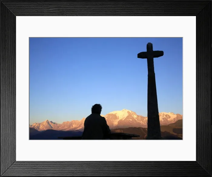Framed Print : Man praying in front of Mont Blanc, Megeve, Haute-Savoie, France, Europe Framed Print : Man praying in front of Mont Blanc, Megeve, Haute-Savoie, France, Europe