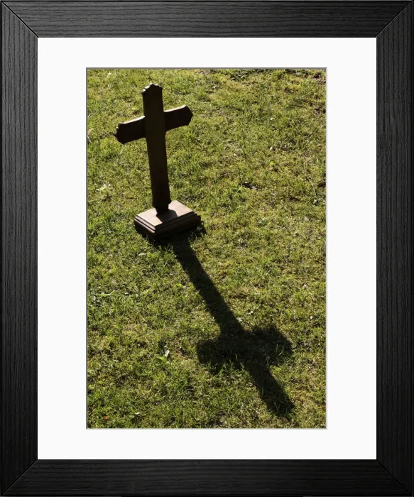 Framed Print : Shadow of a wooden cross on the lawn, St. Gervais-les-Bains, Haute-Savoie, France, Europe Framed Print : Shadow of a wooden cross on the lawn, St. Gervais-les-Bains, Haute-Savoie, France, Europe