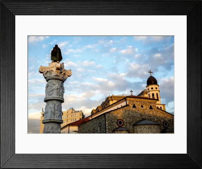 Framed Print : Column and Orthodox church in Skopje, Republic of Macedonia, Europe Framed Print : Column and Orthodox church in Skopje, Republic of Macedonia, Europe