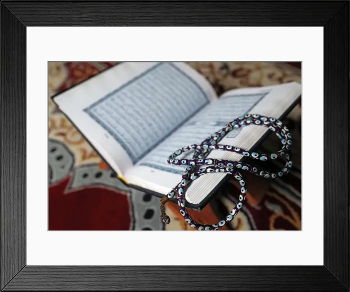 Framed Print : Holy Quran in Arabic and Muslim prayer beads on wood stand, Vietnam, Indochina Framed Print : Holy Quran in Arabic and Muslim prayer beads on wood stand, Vietnam, Indochina
