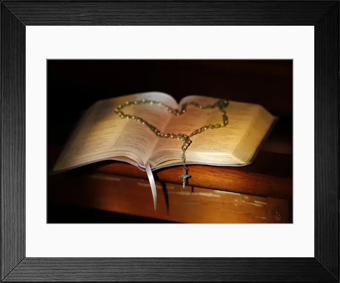 Framed Print : Open Bible and rosary in a church, Haute-Savoie, France, Europe Framed Print : Open Bible and rosary in a church, Haute-Savoie, France, Europe