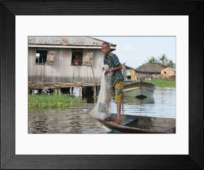 Framed Print : Fishing in Ganvie lake village on Nokoue Lake, Benin, West Africa, Africa